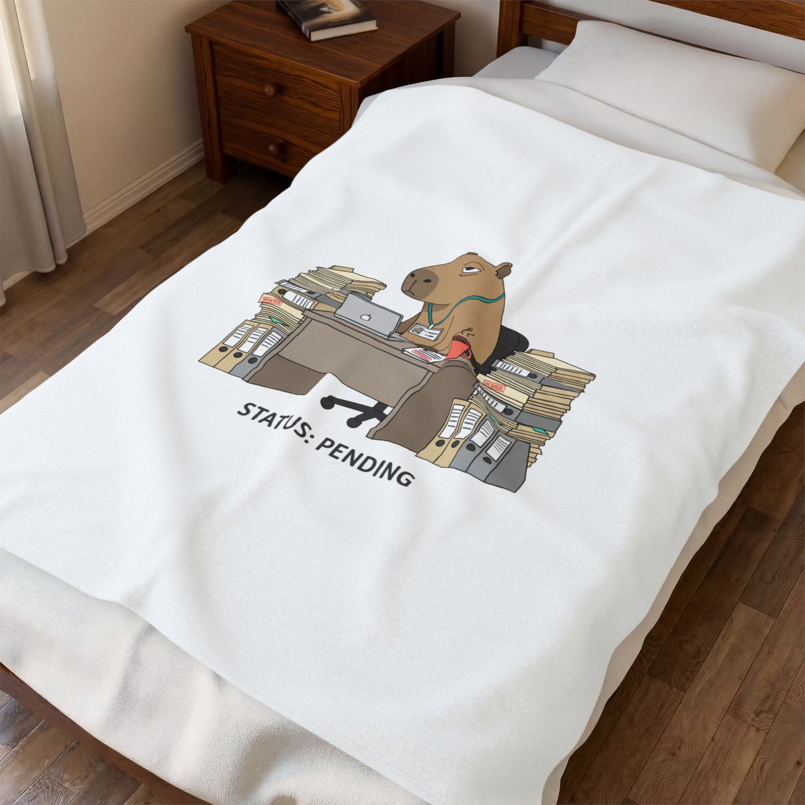 Status: Pending office capybara illustration Velveteen Plush Blanket | Unhinged Animal Bureaucracy, deadpan HR meme