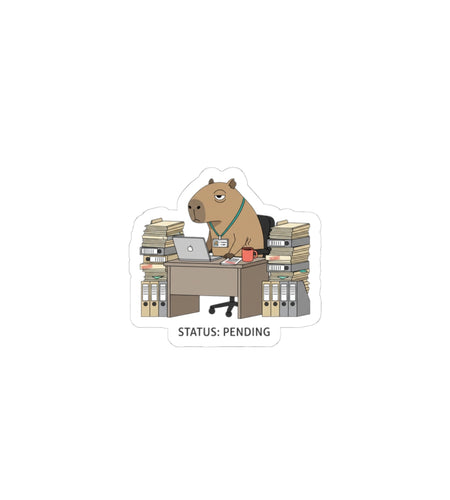 Status: Pending — Raccoon at Desk Kiss-Cut Sticker | Unhinged Animal Bureaucracy