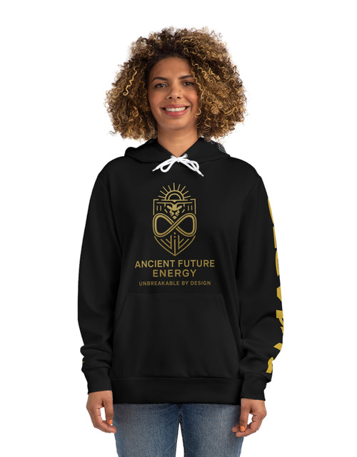 Load image into Gallery viewer, Ancient Future Energy Hoodie — Gold Lion Crest &amp; "We Are The Roots of Tomorrow"
