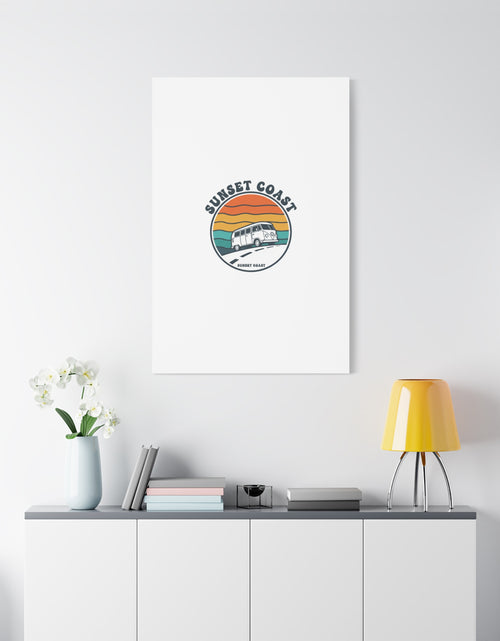 Load image into Gallery viewer, Sunset Coast Retro VW Bus Matte Canvas, 1970s Sunset Palm Poster | Vintage Surf Roadtrip
