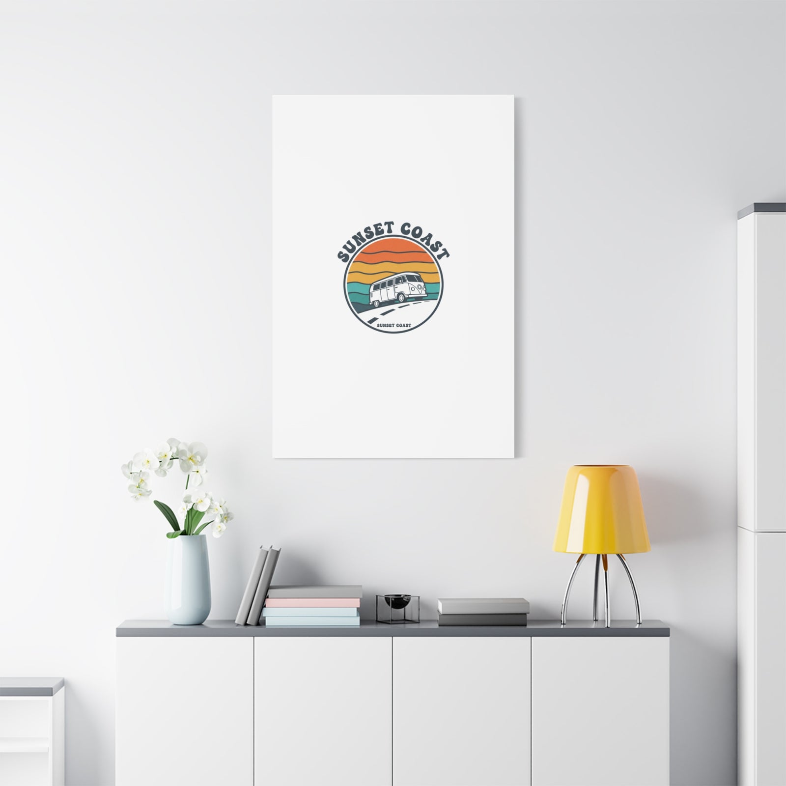 Sunset Coast Retro VW Bus Matte Canvas, 1970s Sunset Palm Poster | Vintage Surf Roadtrip