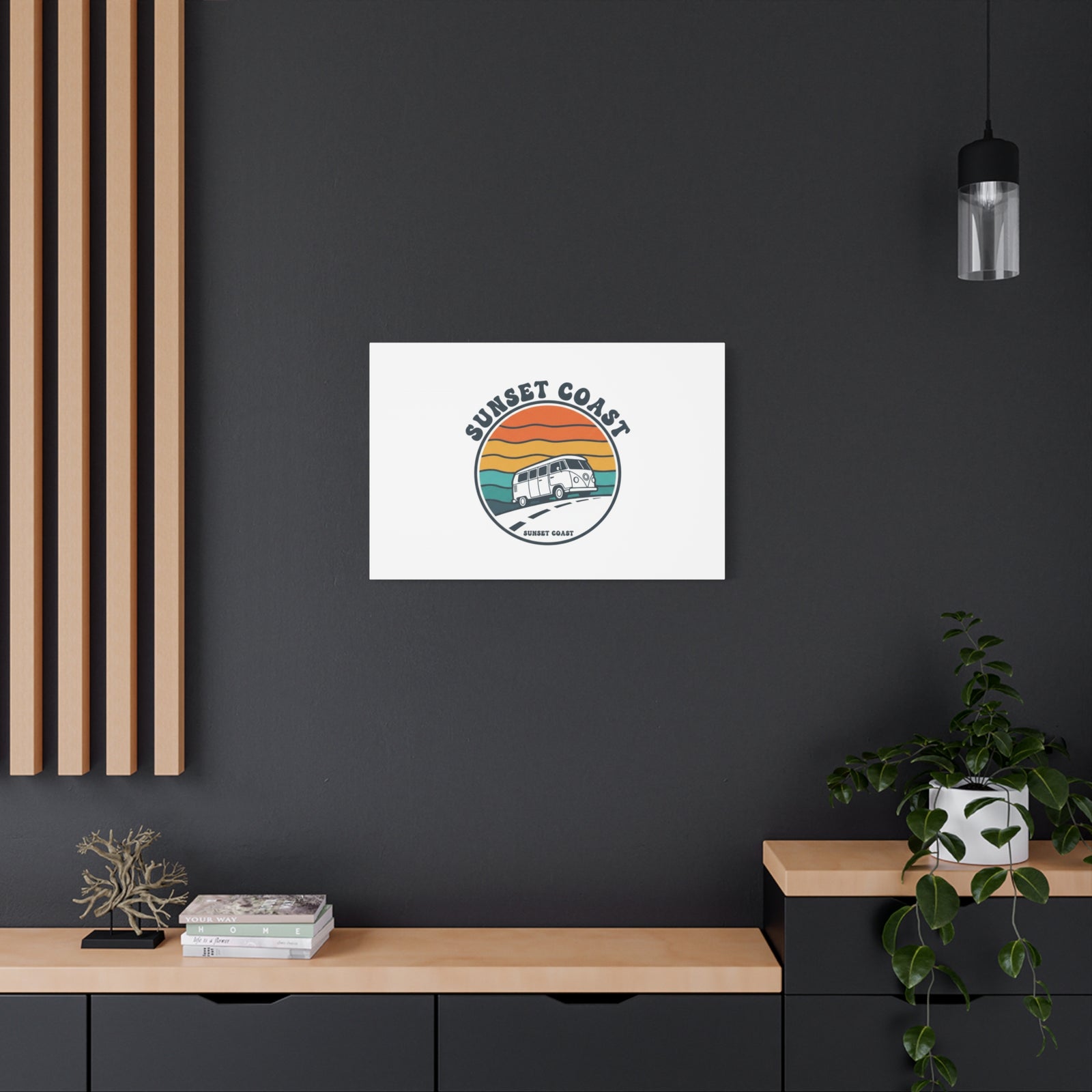 Sunset Coast Retro VW Bus Matte Canvas, 1970s Sunset Palm Poster | Vintage Surf Roadtrip
