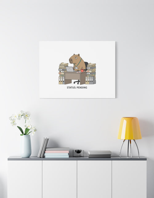 Load image into Gallery viewer, Status: Pending office capybara illustration Canvas | Unhinged Animal Bureaucracy, adulting animal art
