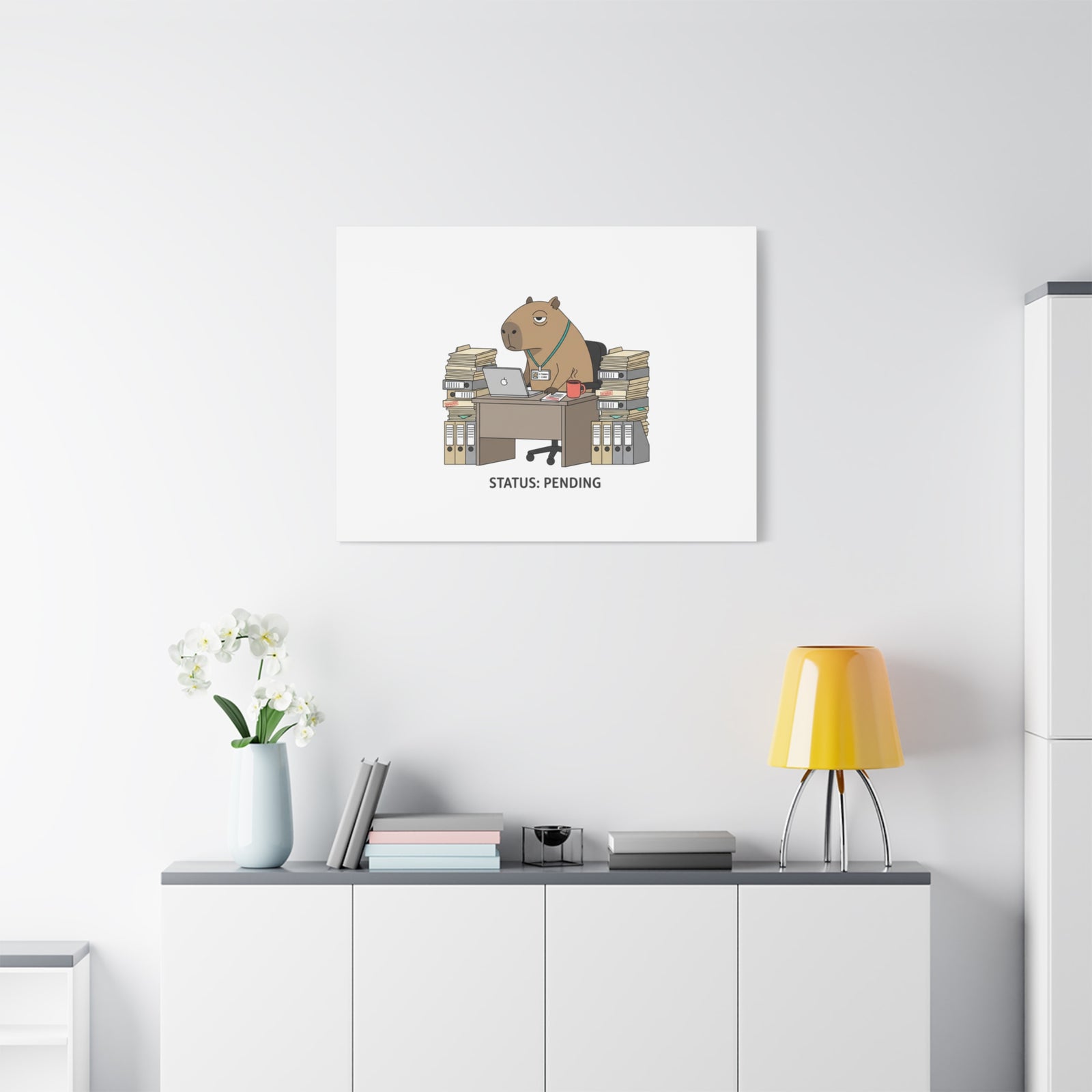 Status: Pending office capybara illustration Canvas | Unhinged Animal Bureaucracy, adulting animal art