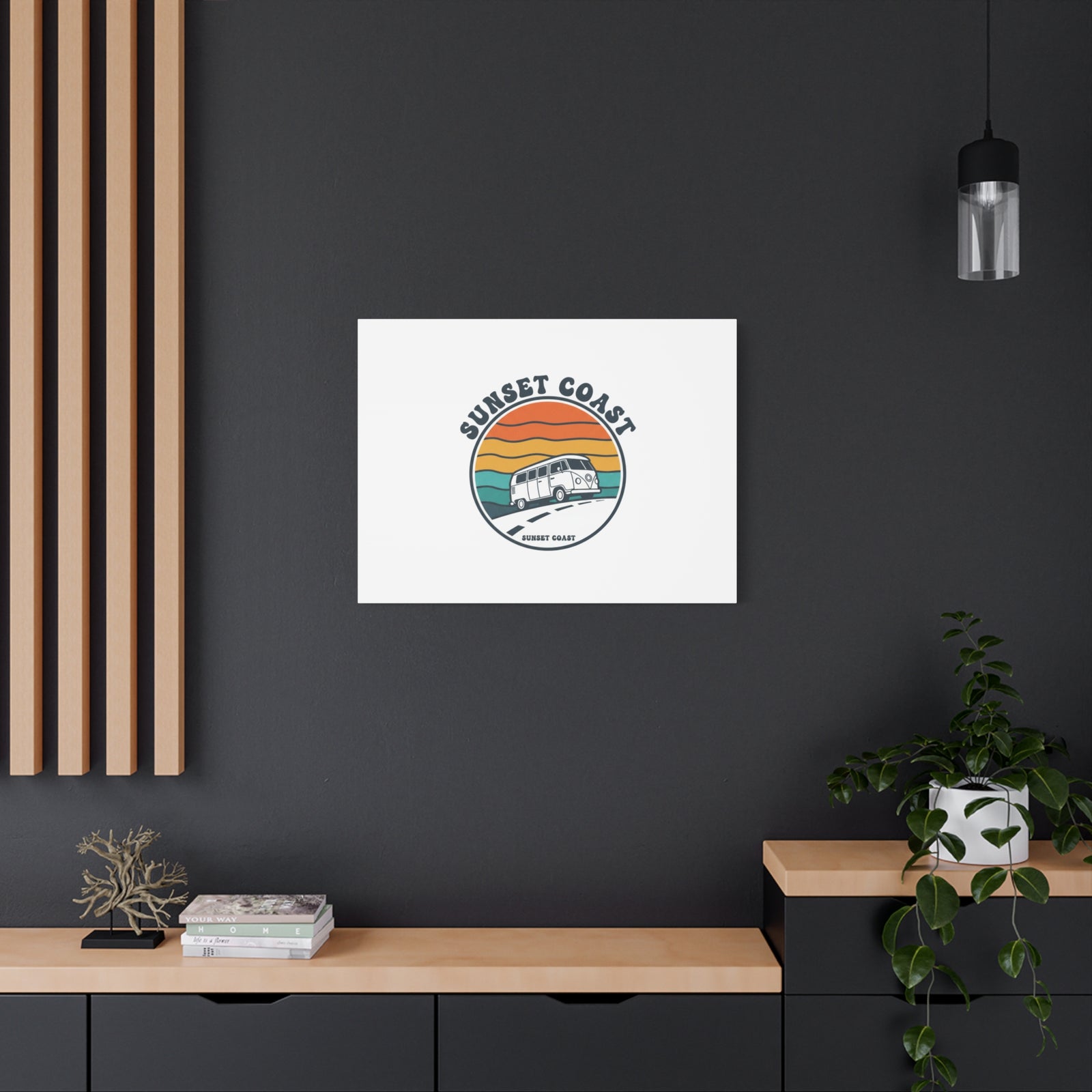 Sunset Coast Retro VW Bus Matte Canvas, 1970s Sunset Palm Poster | Vintage Surf Roadtrip