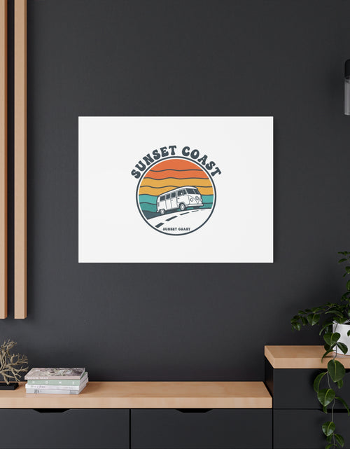 Load image into Gallery viewer, Sunset Coast Retro VW Bus Matte Canvas, 1970s Sunset Palm Poster | Vintage Surf Roadtrip
