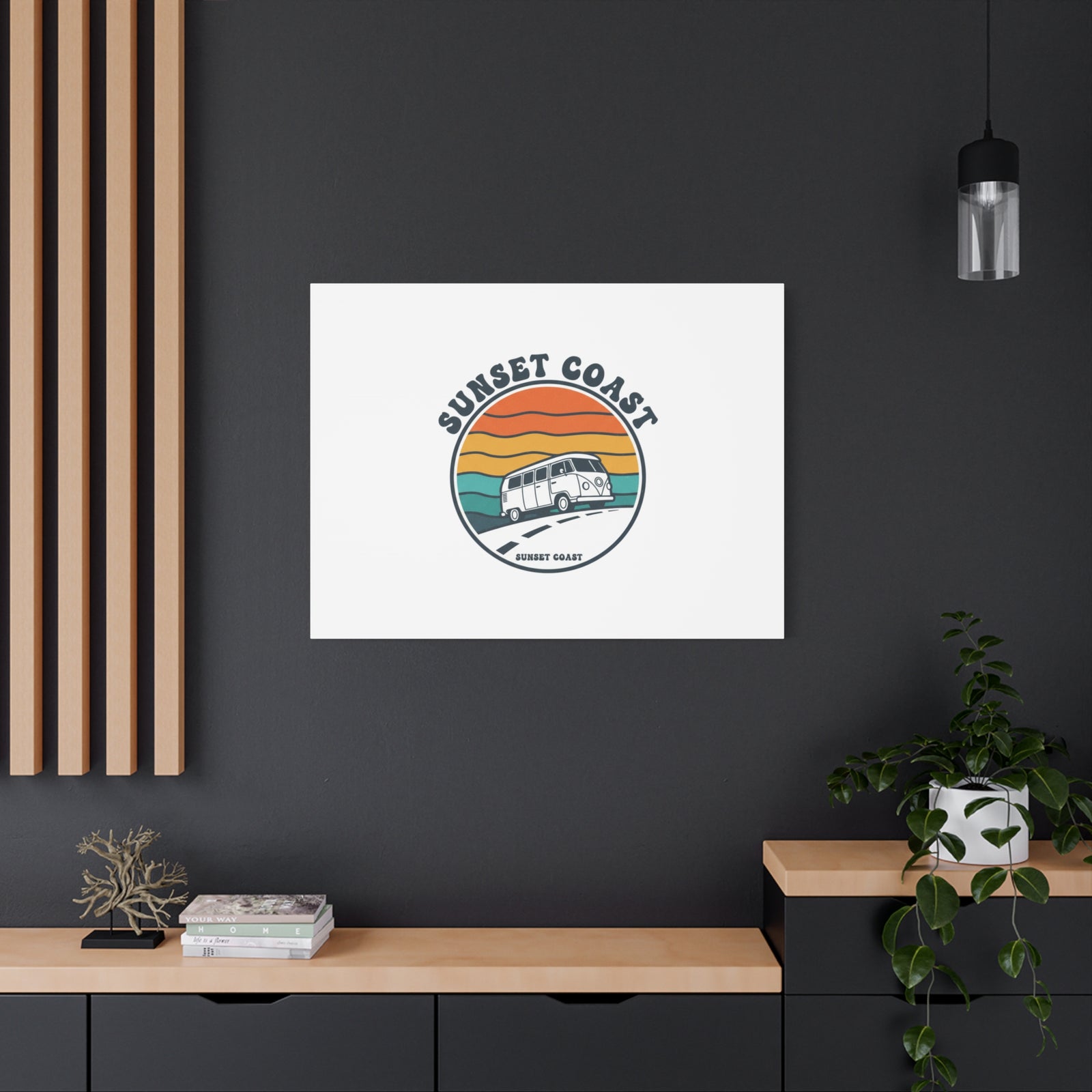 Sunset Coast Retro VW Bus Matte Canvas, 1970s Sunset Palm Poster | Vintage Surf Roadtrip