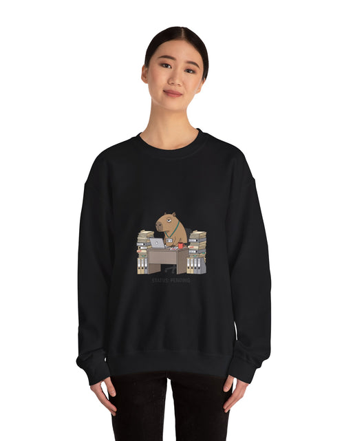 Load image into Gallery viewer, Status Pending Raccoon Desk Illustration Sweatshirt | Unhinged Animal Bureaucracy, office raccoon
