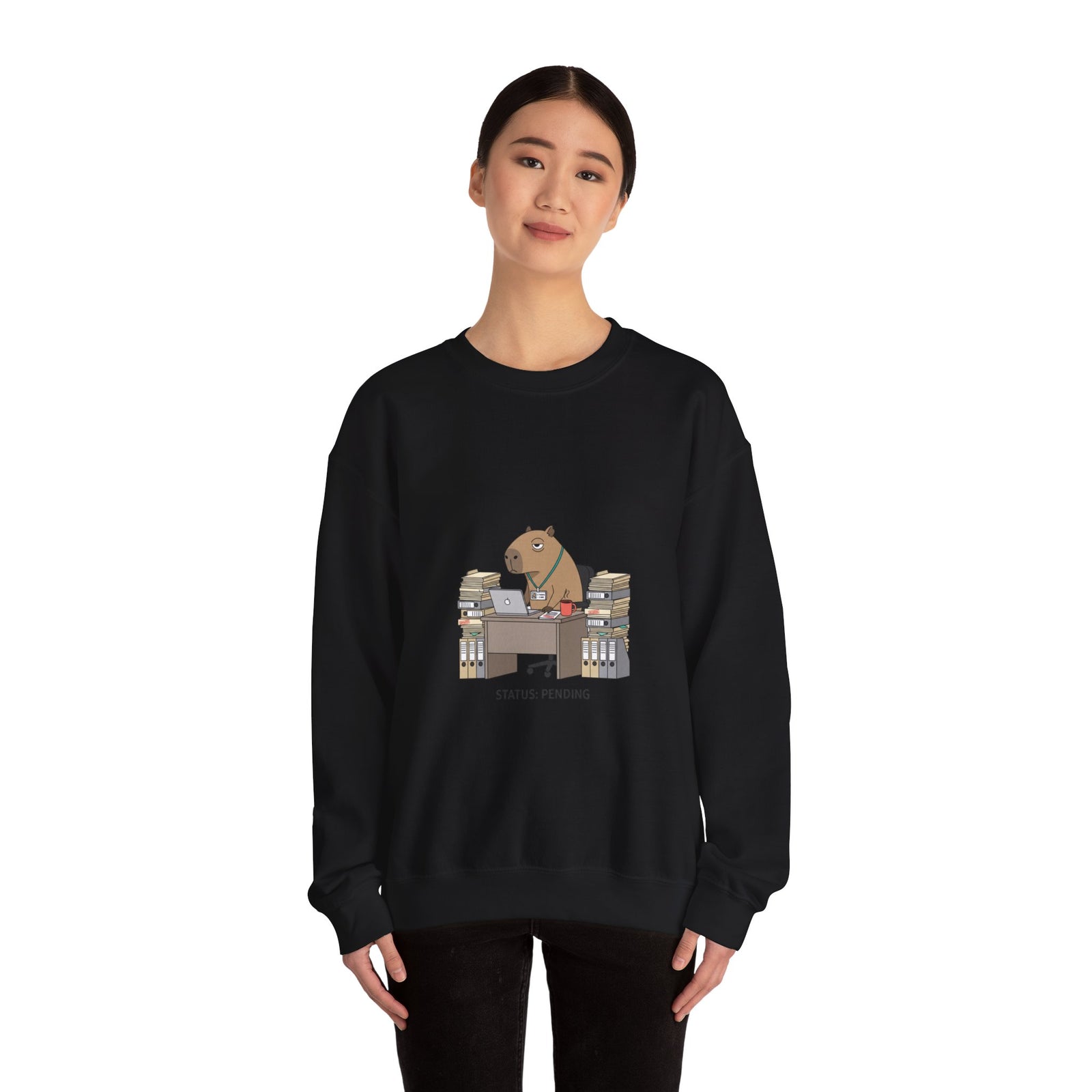 Status Pending Raccoon Desk Illustration Sweatshirt | Unhinged Animal Bureaucracy, office raccoon