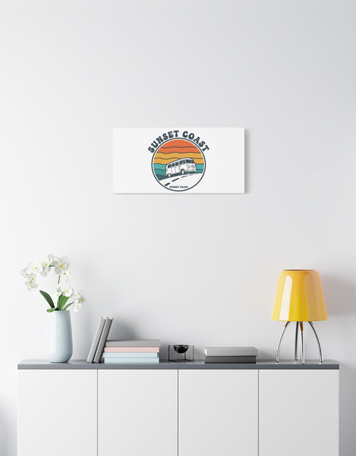 Load image into Gallery viewer, Sunset Coast Retro VW Bus Matte Canvas, 1970s Sunset Palm Poster | Vintage Surf Roadtrip
