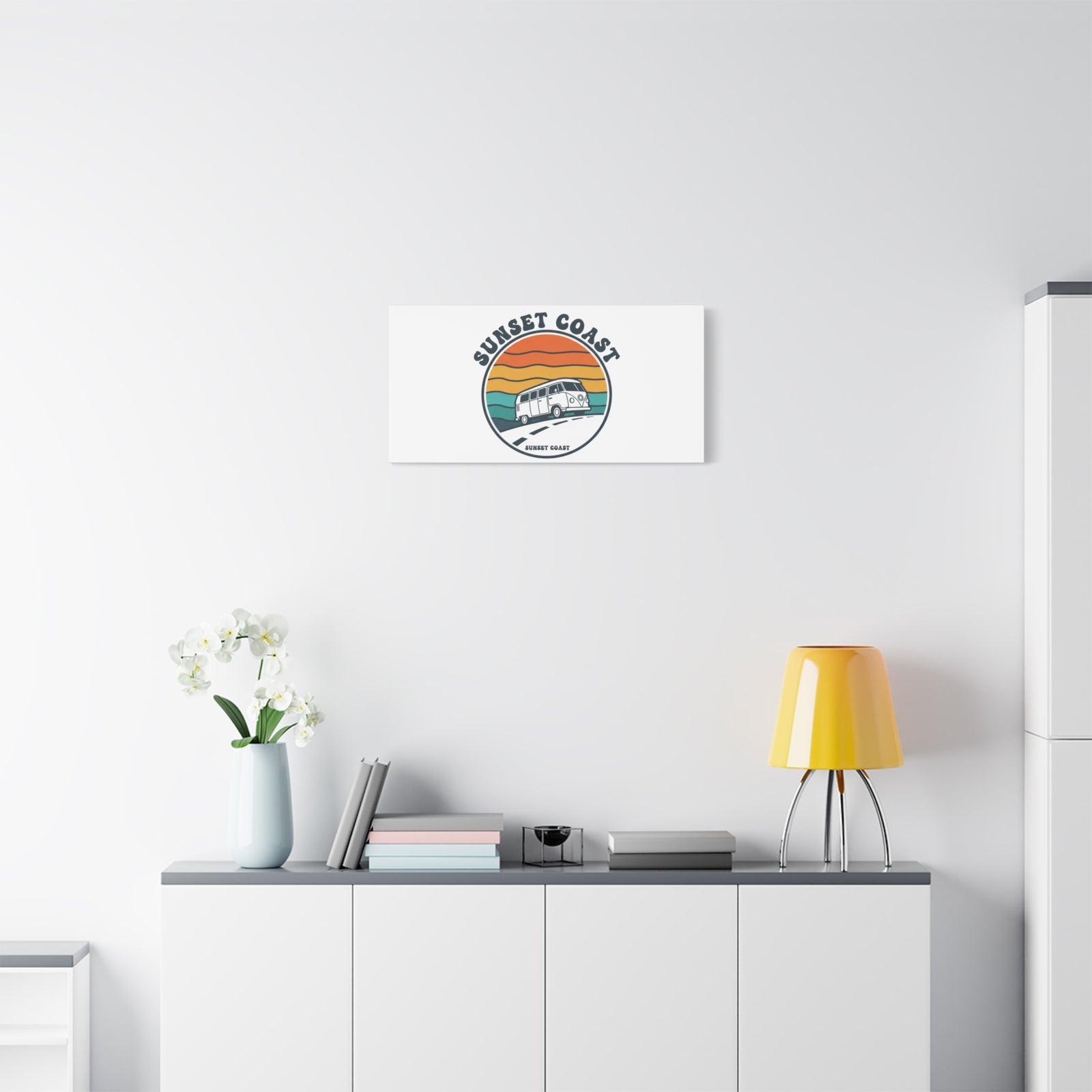 Sunset Coast Retro VW Bus Matte Canvas, 1970s Sunset Palm Poster | Vintage Surf Roadtrip