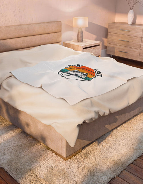 Load image into Gallery viewer, Sunset Coast VW Camper Blanket | 70s Sunset Retro Palm, Golden Hour Postcard
