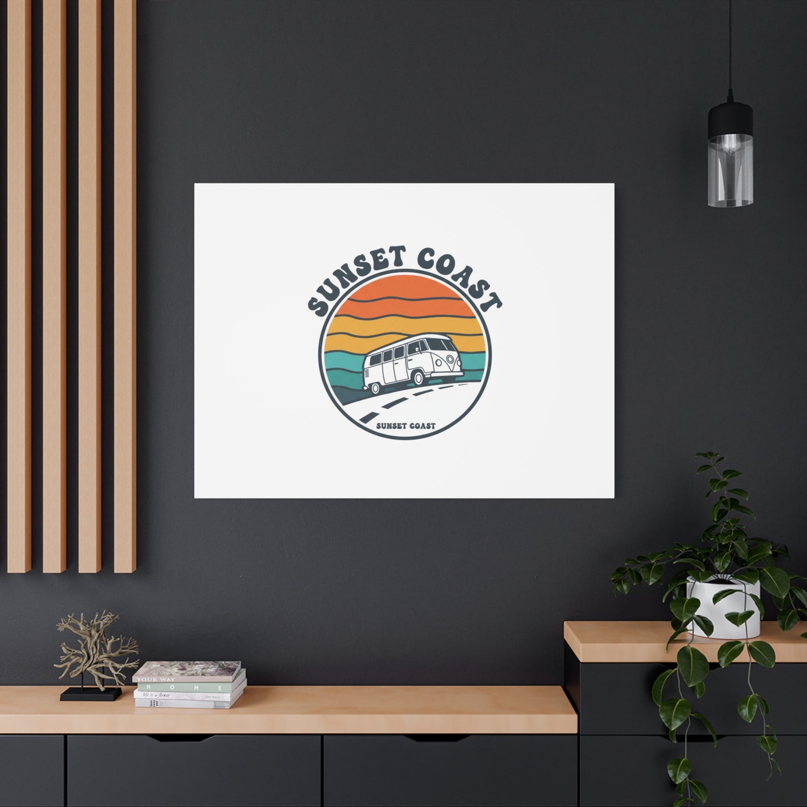 Sunset Coast Retro VW Bus Matte Canvas, 1970s Sunset Palm Poster | Vintage Surf Roadtrip