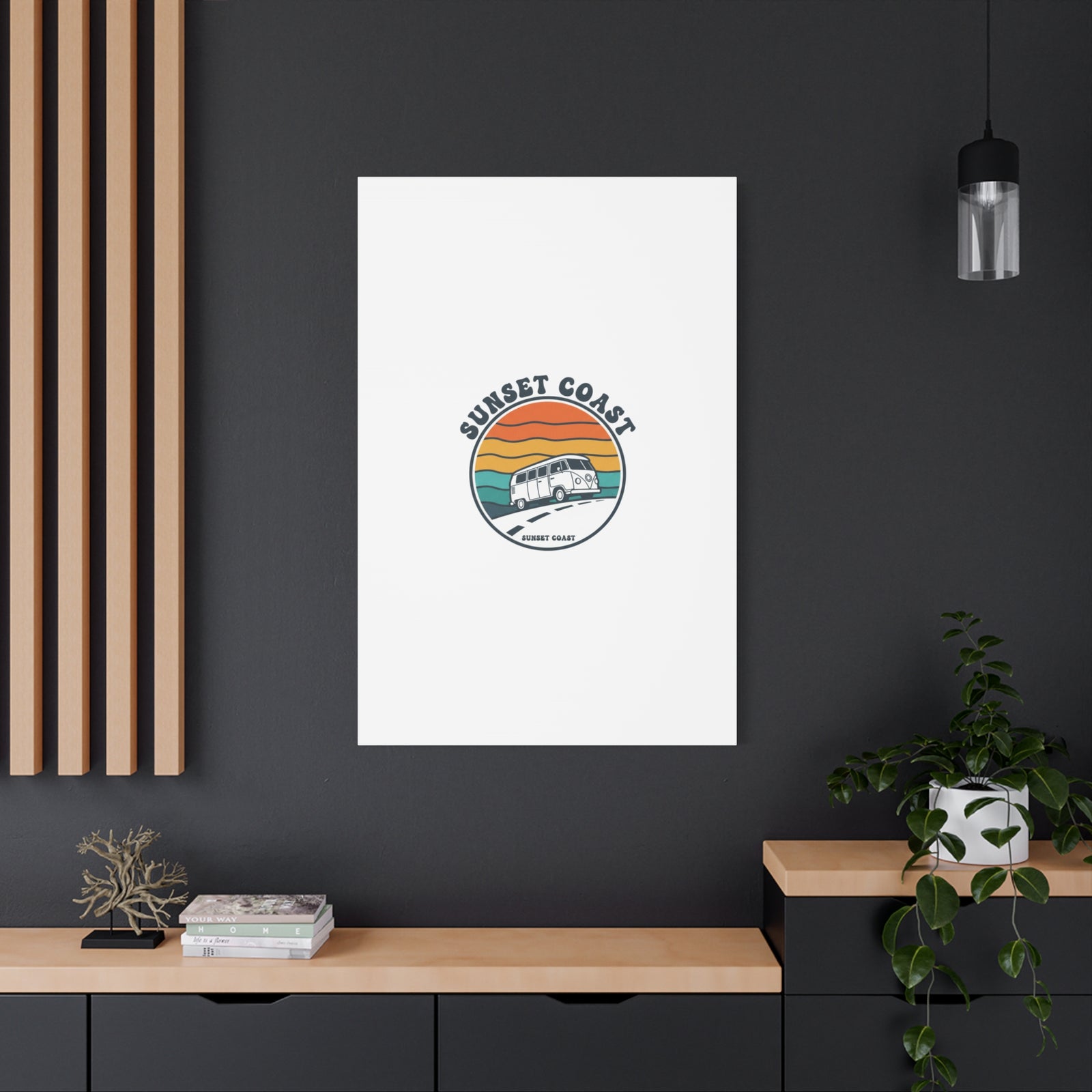 Sunset Coast Retro VW Bus Matte Canvas, 1970s Sunset Palm Poster | Vintage Surf Roadtrip