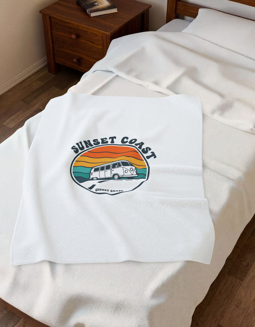 Load image into Gallery viewer, Sunset Coast VW Camper Blanket | 70s Sunset Retro Palm, Golden Hour Postcard
