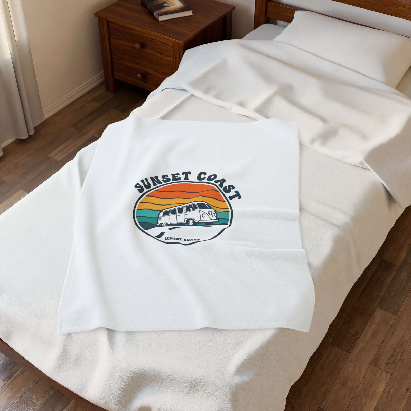 Sunset Coast VW Camper Blanket | 70s Sunset Retro Palm, Golden Hour Postcard