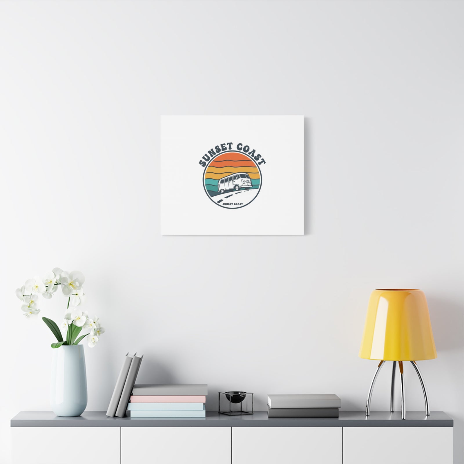 Sunset Coast Retro VW Bus Matte Canvas, 1970s Sunset Palm Poster | Vintage Surf Roadtrip