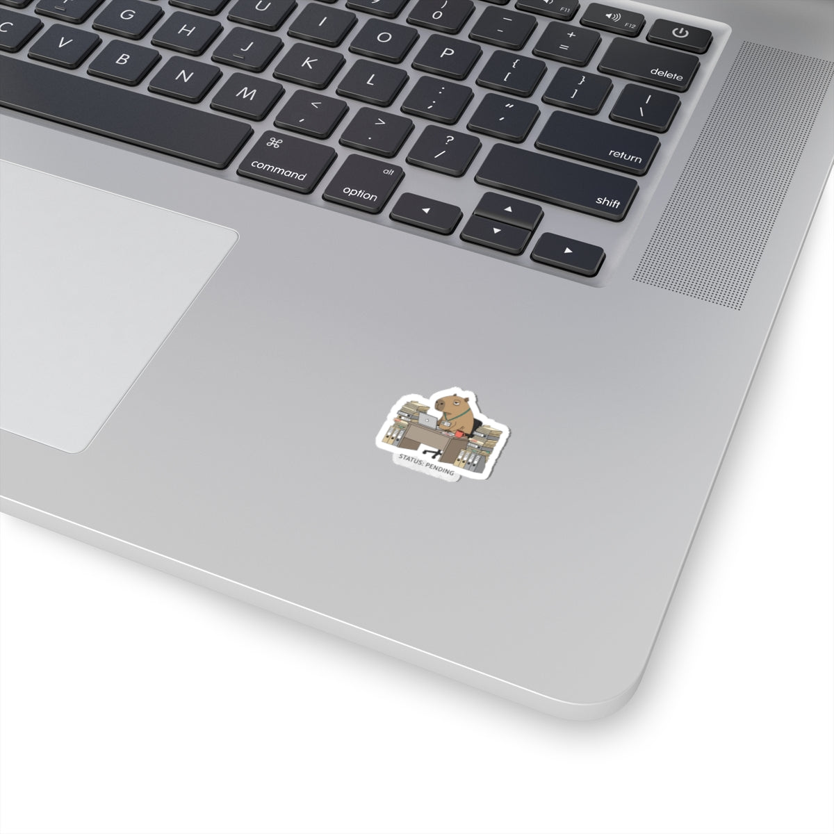 Status: Pending — Raccoon at Desk Kiss-Cut Sticker | Unhinged Animal Bureaucracy