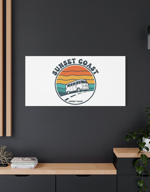 Load image into Gallery viewer, Sunset Coast Retro VW Bus Matte Canvas, 1970s Sunset Palm Poster | Vintage Surf Roadtrip

