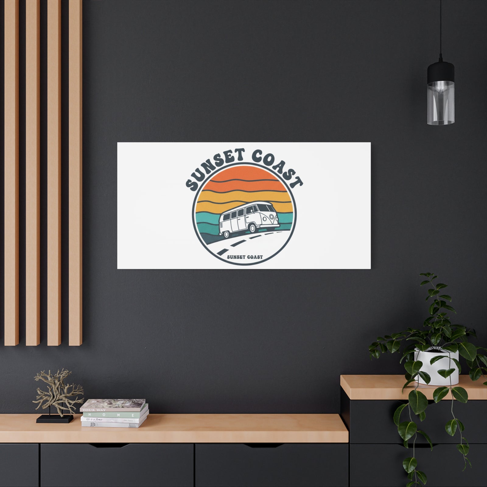Sunset Coast Retro VW Bus Matte Canvas, 1970s Sunset Palm Poster | Vintage Surf Roadtrip
