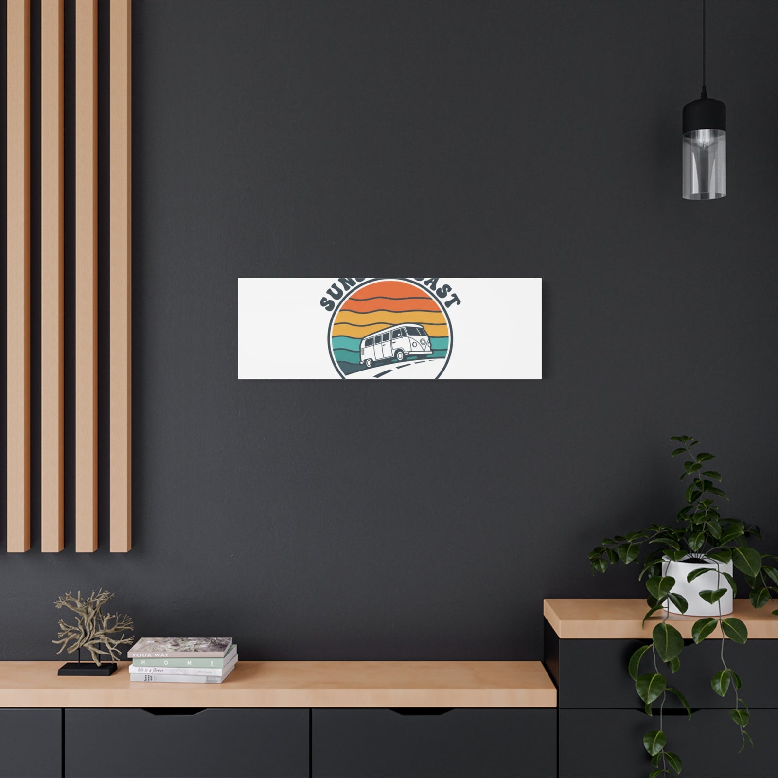 Sunset Coast Retro VW Bus Matte Canvas, 1970s Sunset Palm Poster | Vintage Surf Roadtrip