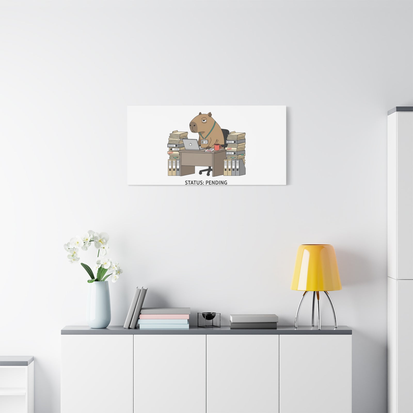 Status: Pending office capybara illustration Canvas | Unhinged Animal Bureaucracy, adulting animal art