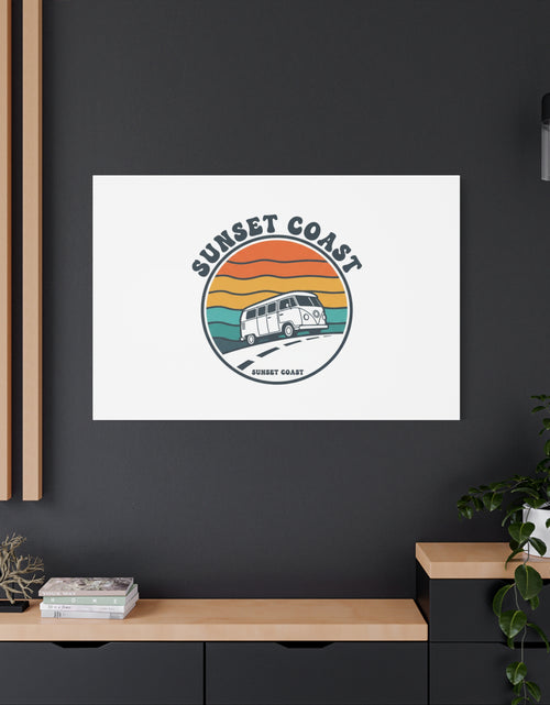 Load image into Gallery viewer, Sunset Coast Retro VW Bus Matte Canvas, 1970s Sunset Palm Poster | Vintage Surf Roadtrip
