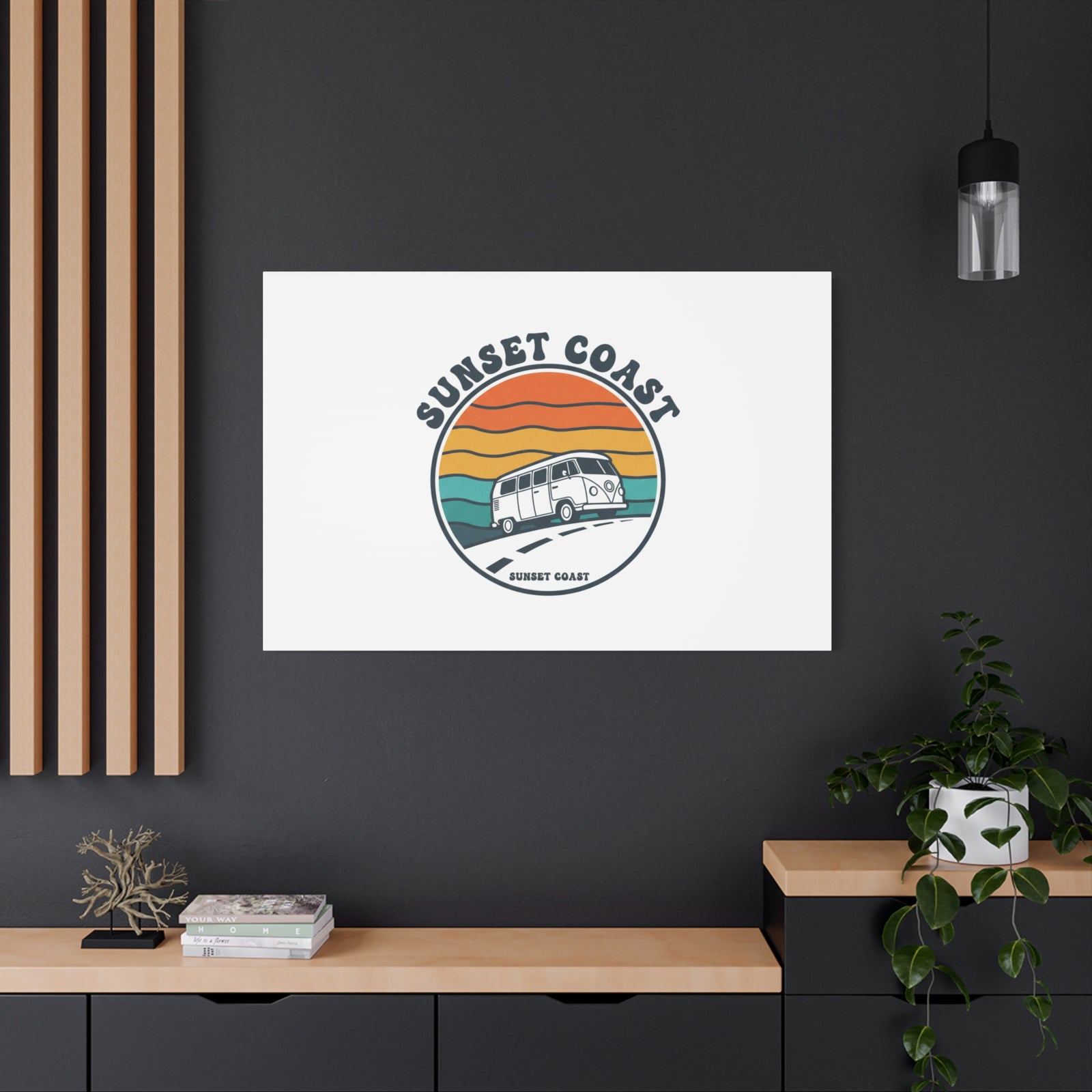Sunset Coast Retro VW Bus Matte Canvas, 1970s Sunset Palm Poster | Vintage Surf Roadtrip
