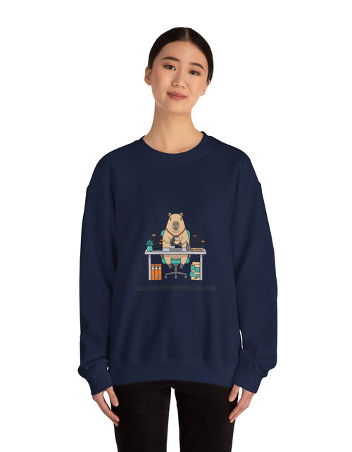 Load image into Gallery viewer, Escalated for Further Escalation Sweatshirt | office raccoon, animal HR meme

