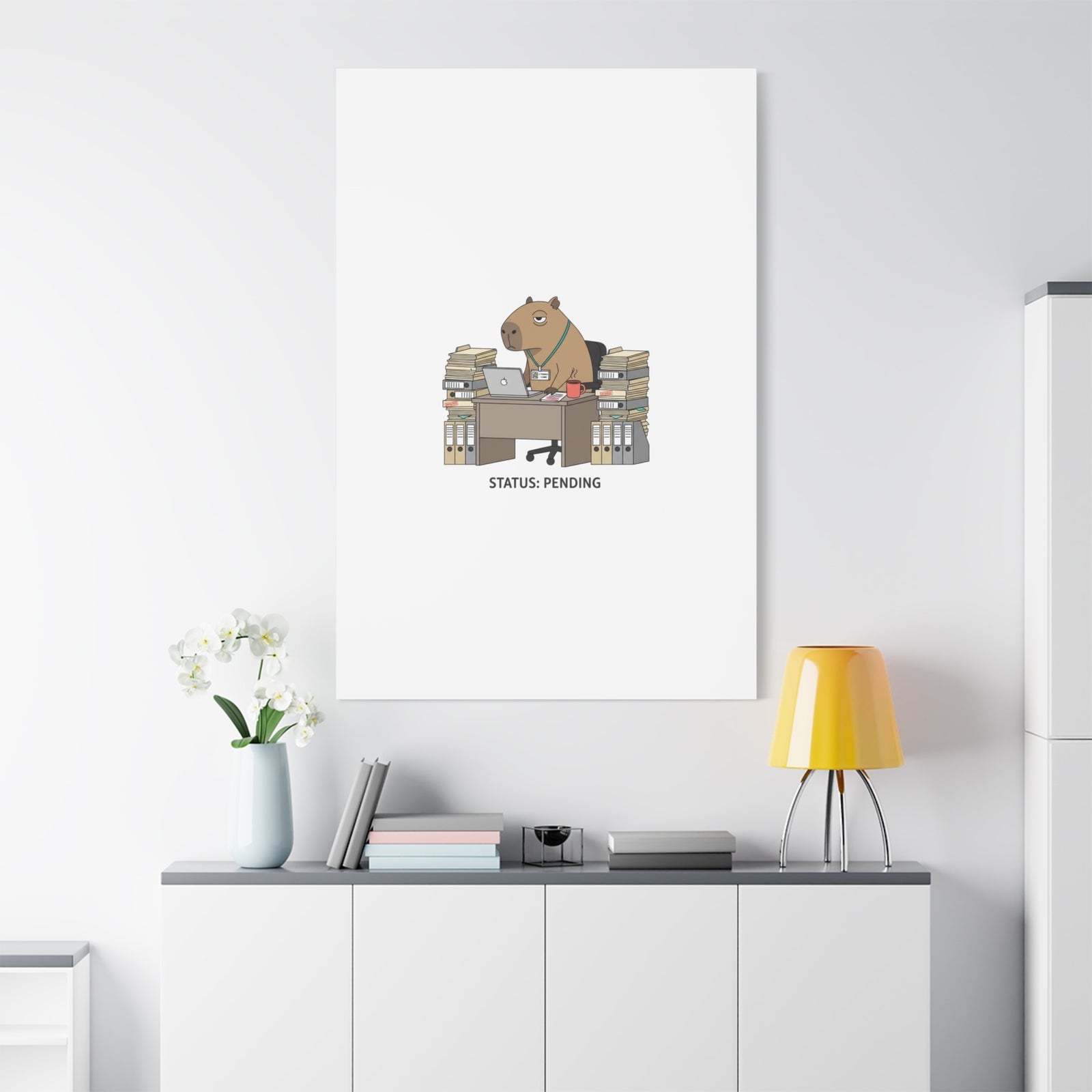 Status: Pending office capybara illustration Canvas | Unhinged Animal Bureaucracy, adulting animal art
