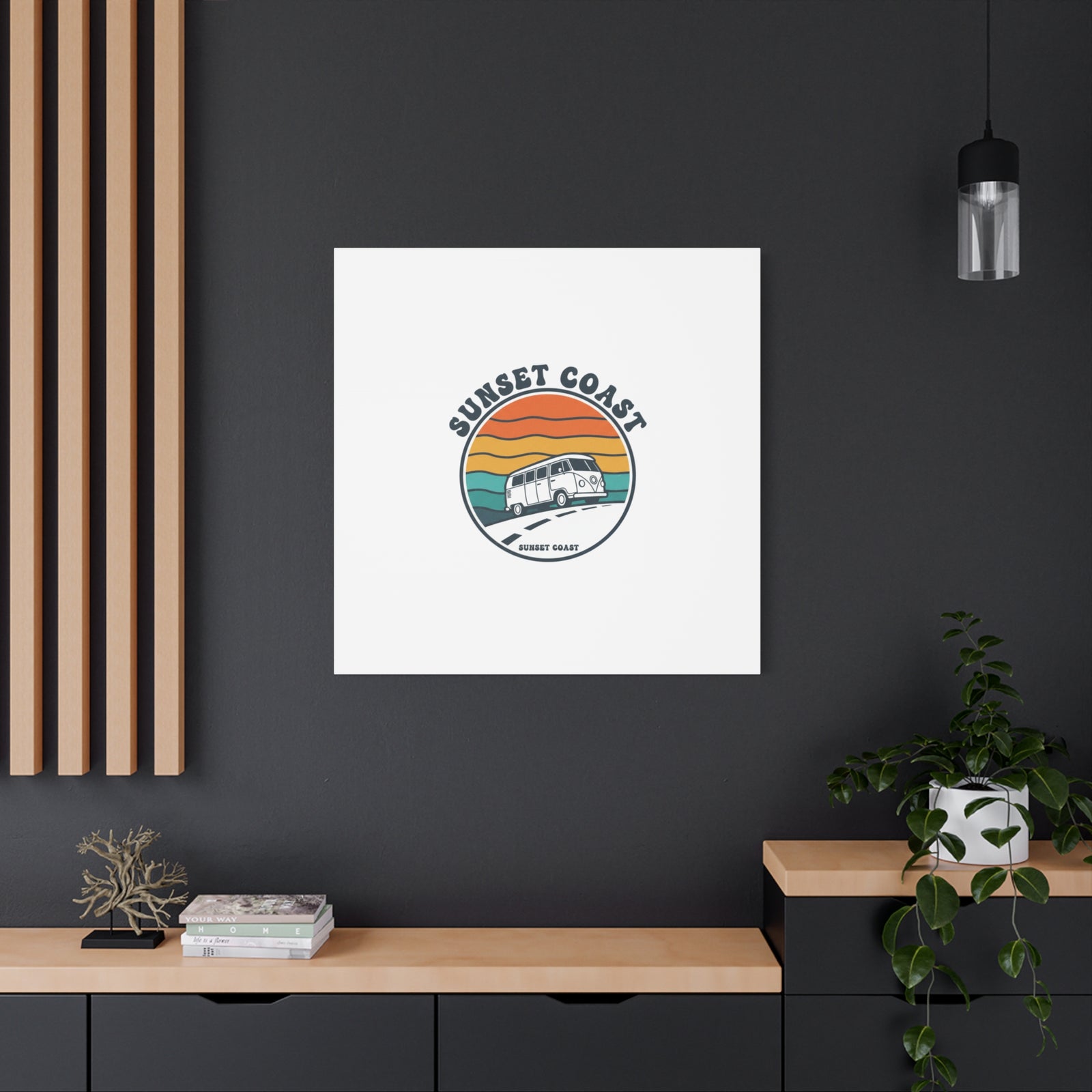 Sunset Coast Retro VW Bus Matte Canvas, 1970s Sunset Palm Poster | Vintage Surf Roadtrip