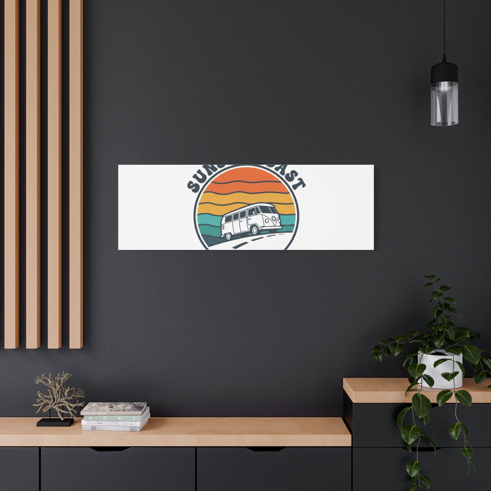 Sunset Coast Retro VW Bus Matte Canvas, 1970s Sunset Palm Poster | Vintage Surf Roadtrip