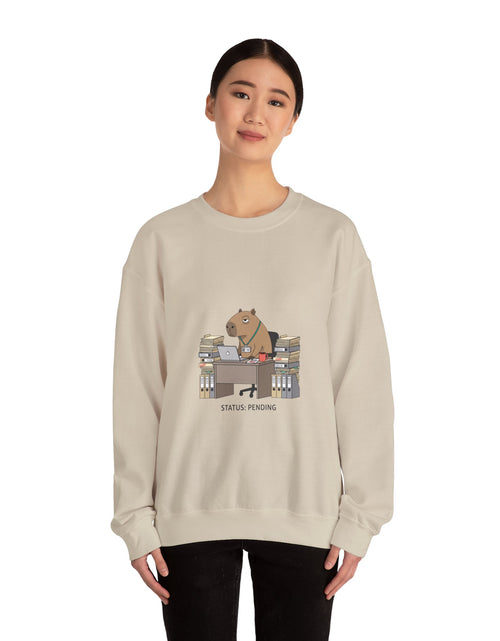 Load image into Gallery viewer, Status Pending Raccoon Desk Illustration Sweatshirt | Unhinged Animal Bureaucracy, office raccoon
