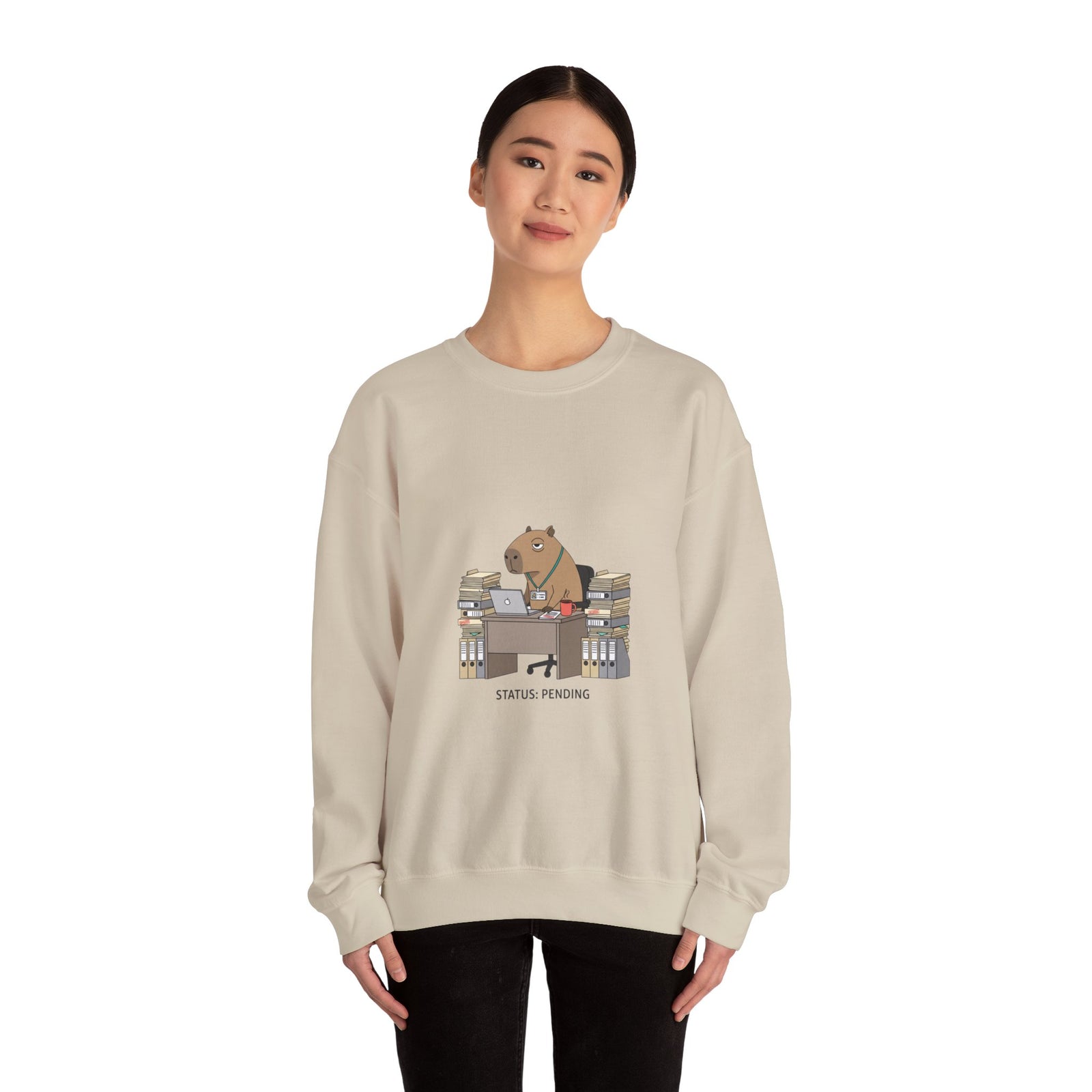 Status Pending Raccoon Desk Illustration Sweatshirt | Unhinged Animal Bureaucracy, office raccoon