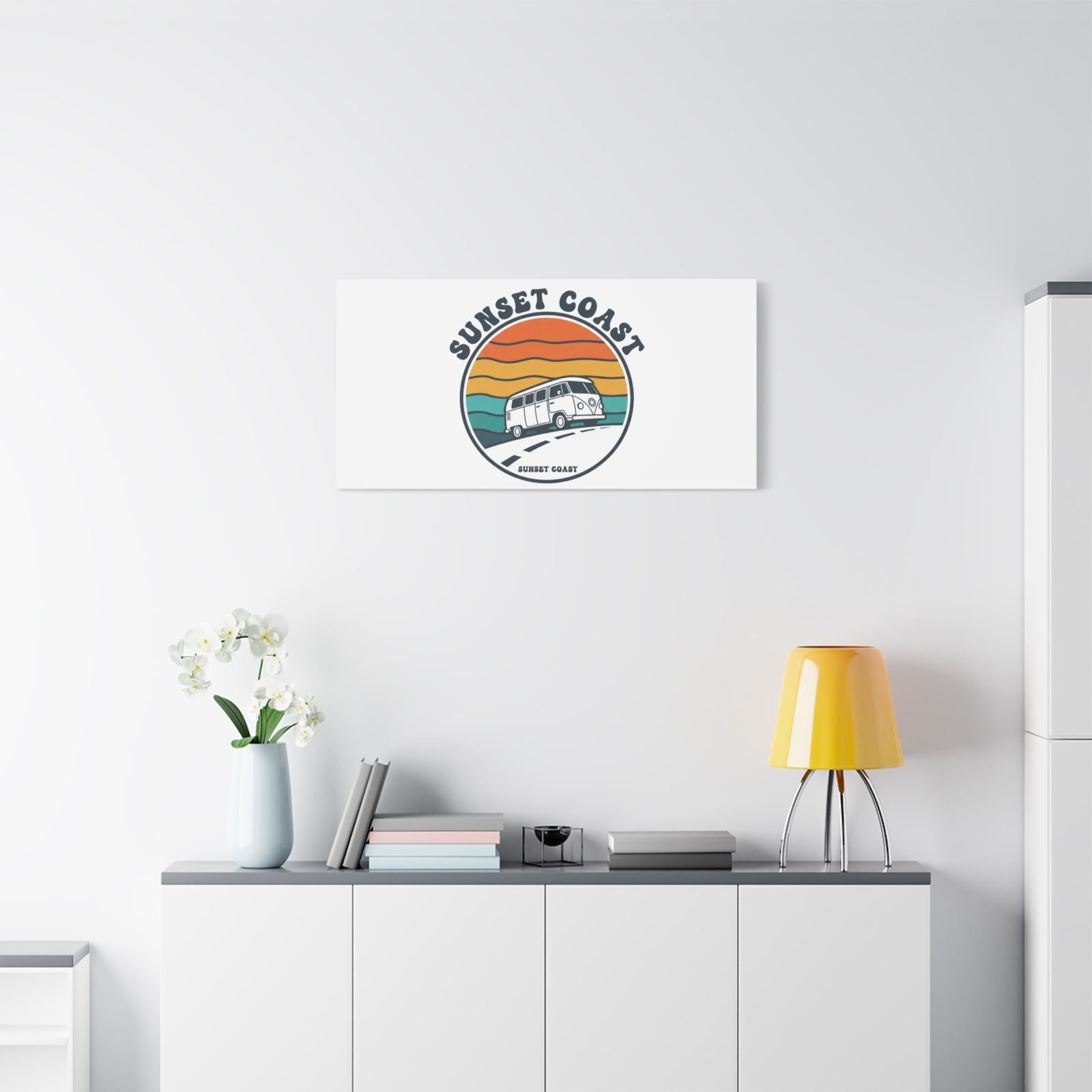 Sunset Coast Retro VW Bus Matte Canvas, 1970s Sunset Palm Poster | Vintage Surf Roadtrip