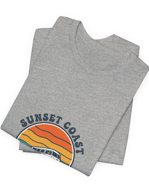 Load image into Gallery viewer, Sunset Coast Retro Surf Graphic Tee | 70s Sunset Shirt, Vintage Palm Postcard
