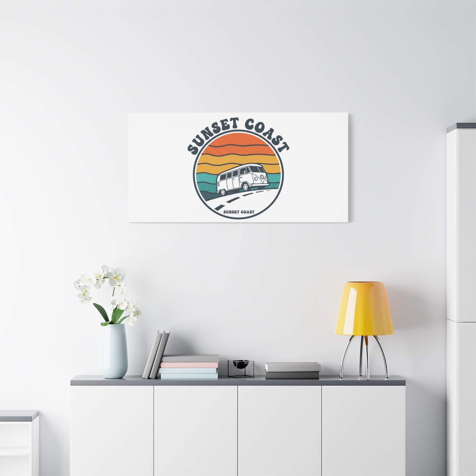 Sunset Coast Retro VW Bus Matte Canvas, 1970s Sunset Palm Poster | Vintage Surf Roadtrip