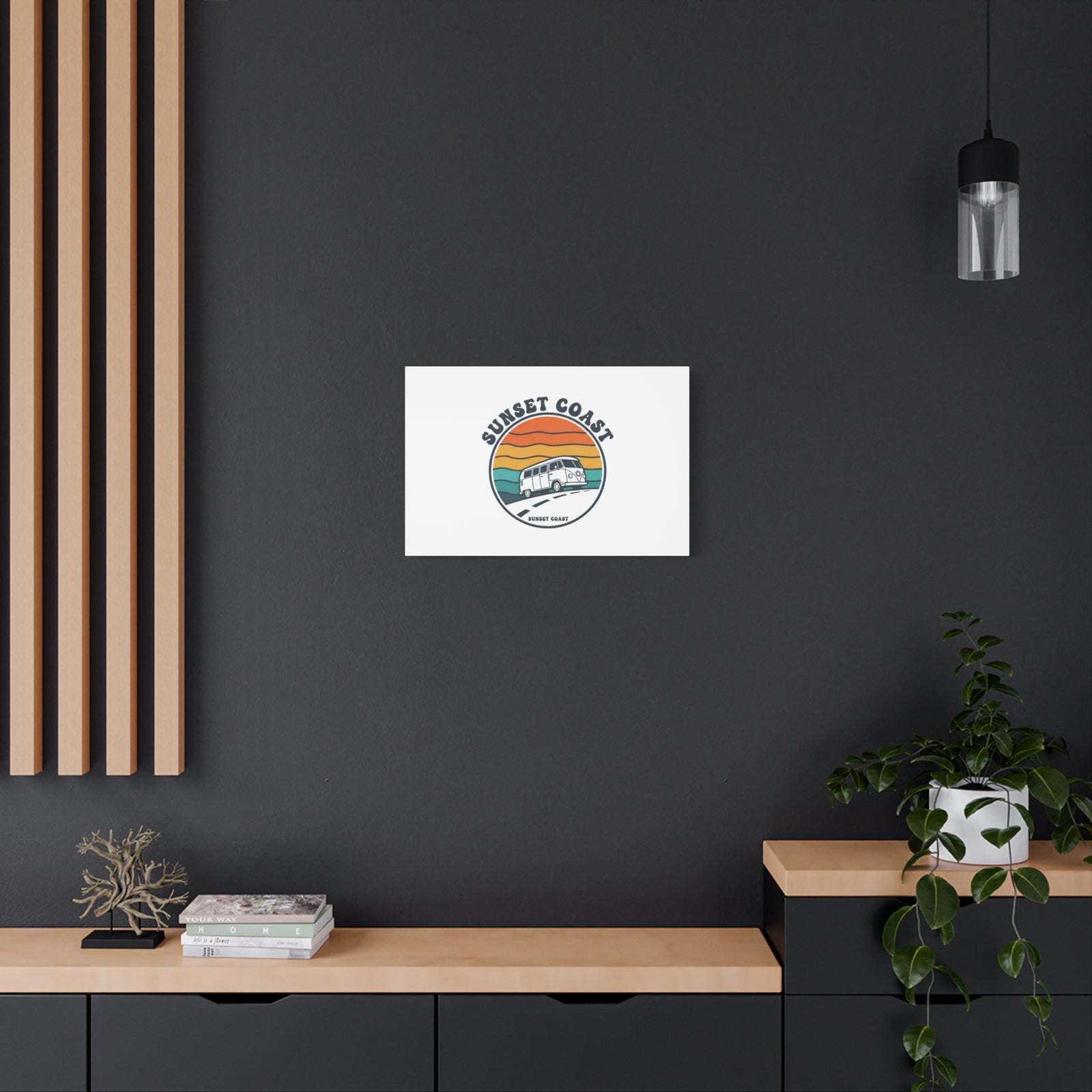 Sunset Coast Retro VW Bus Matte Canvas, 1970s Sunset Palm Poster | Vintage Surf Roadtrip