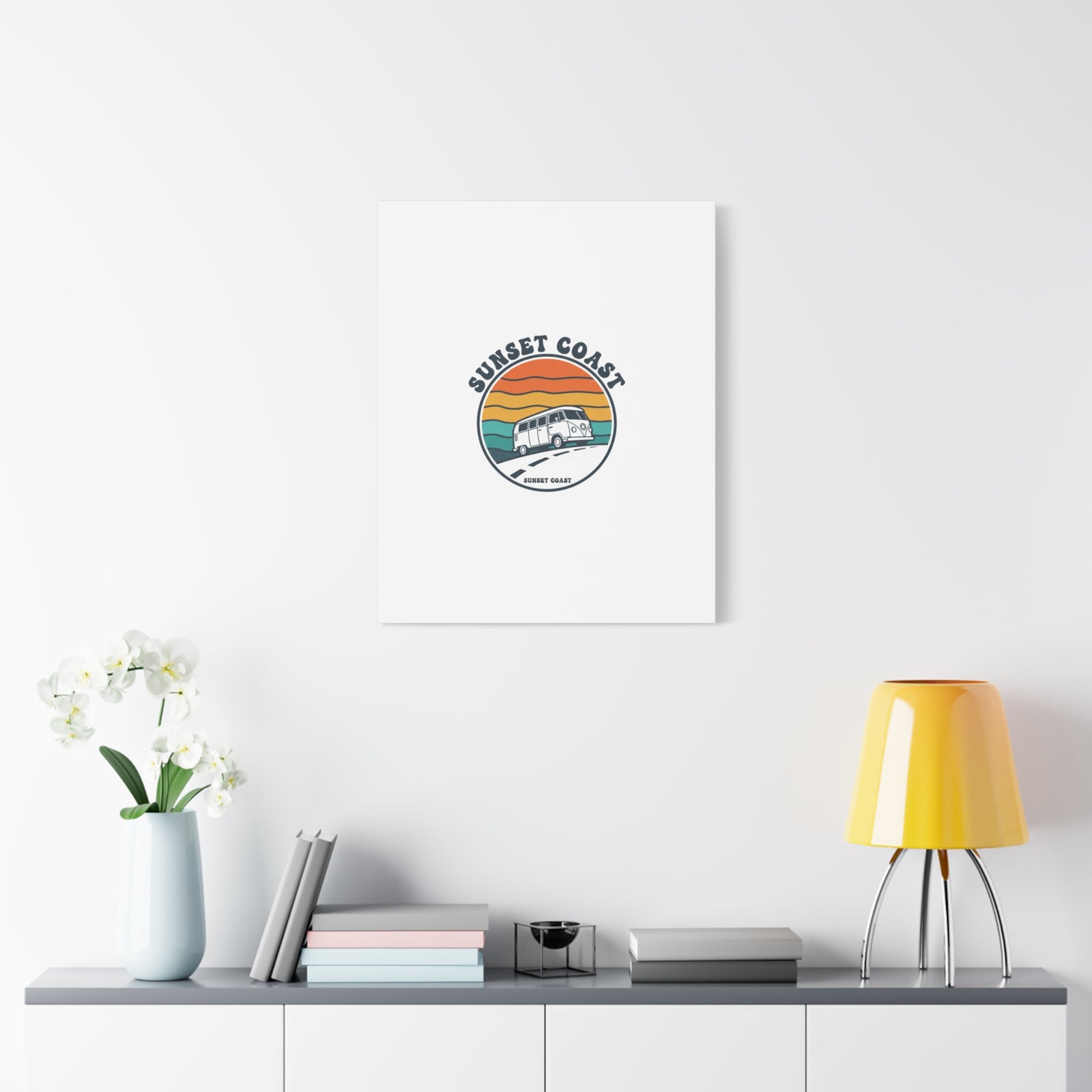 Sunset Coast Retro VW Bus Matte Canvas, 1970s Sunset Palm Poster | Vintage Surf Roadtrip
