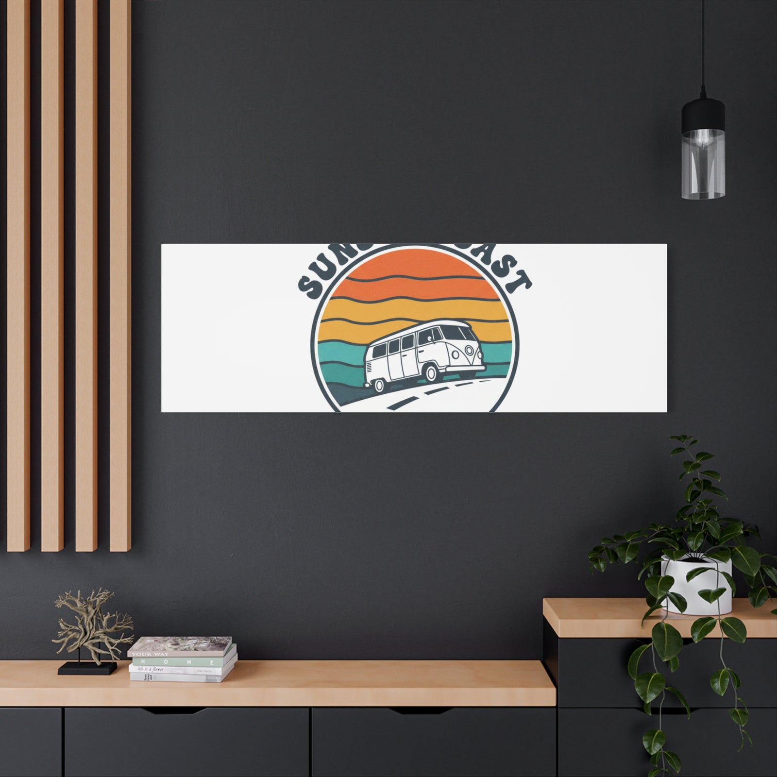 Sunset Coast Retro VW Bus Matte Canvas, 1970s Sunset Palm Poster | Vintage Surf Roadtrip