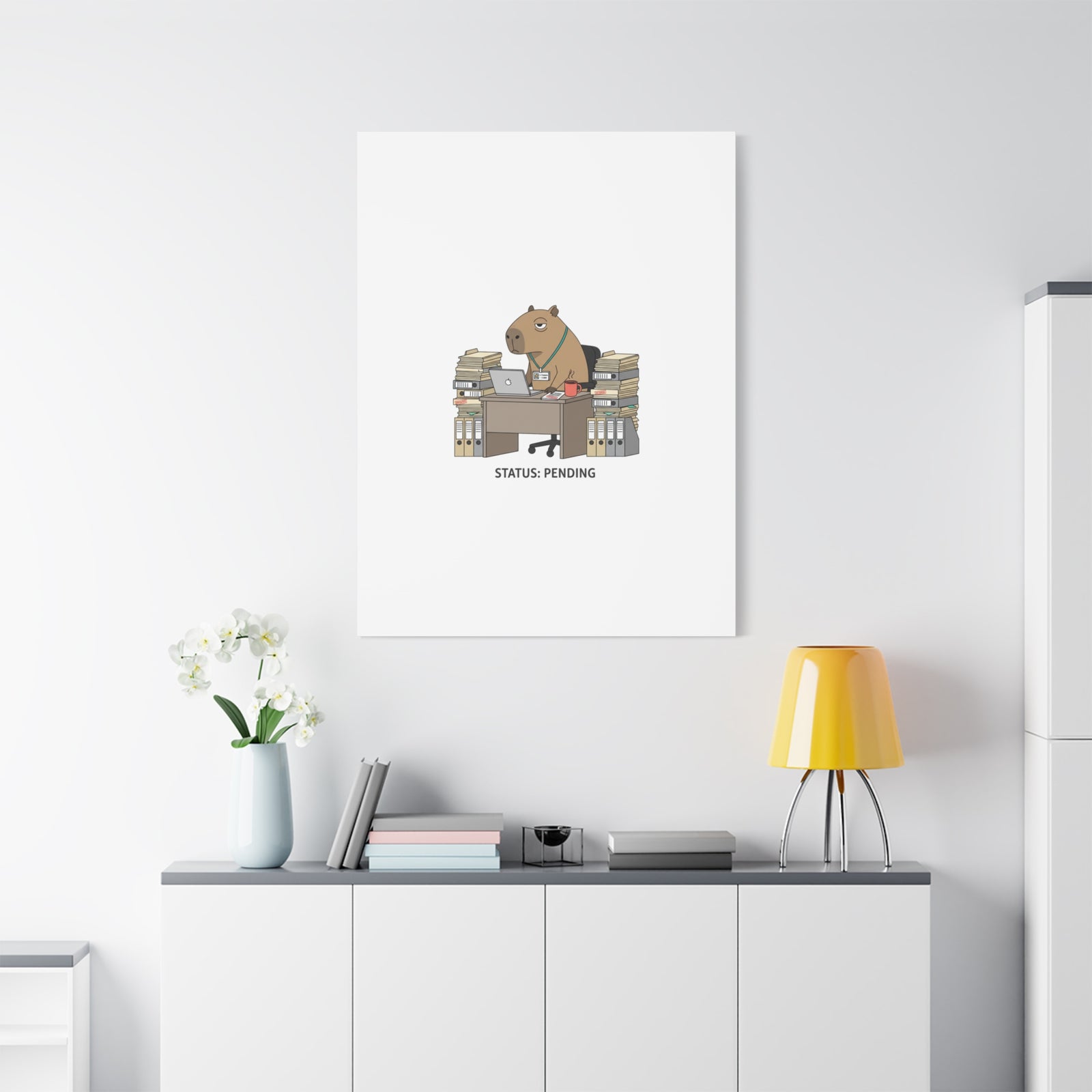 Status: Pending office capybara illustration Canvas | Unhinged Animal Bureaucracy, adulting animal art