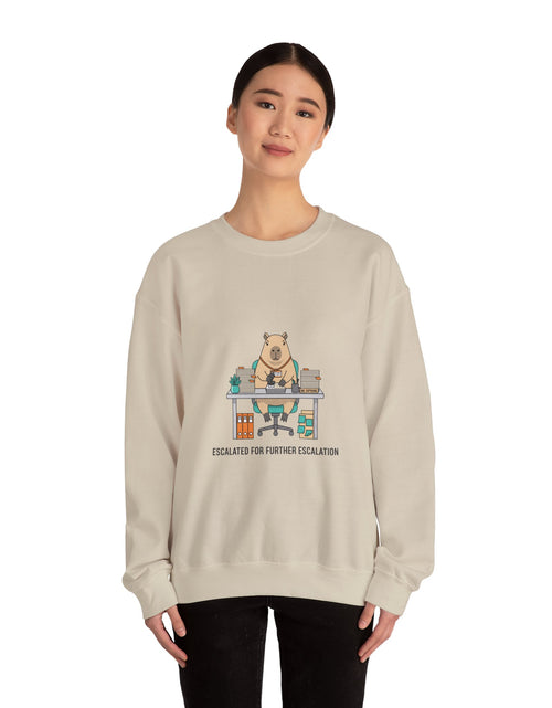 Load image into Gallery viewer, Escalated for Further Escalation Sweatshirt | office raccoon, animal HR meme
