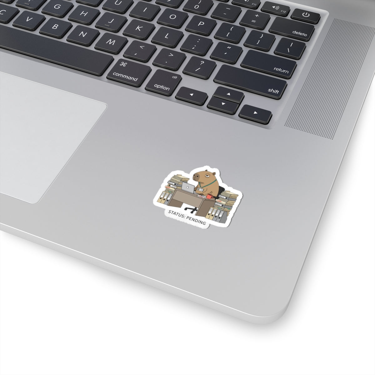 Status: Pending — Raccoon at Desk Kiss-Cut Sticker | Unhinged Animal Bureaucracy