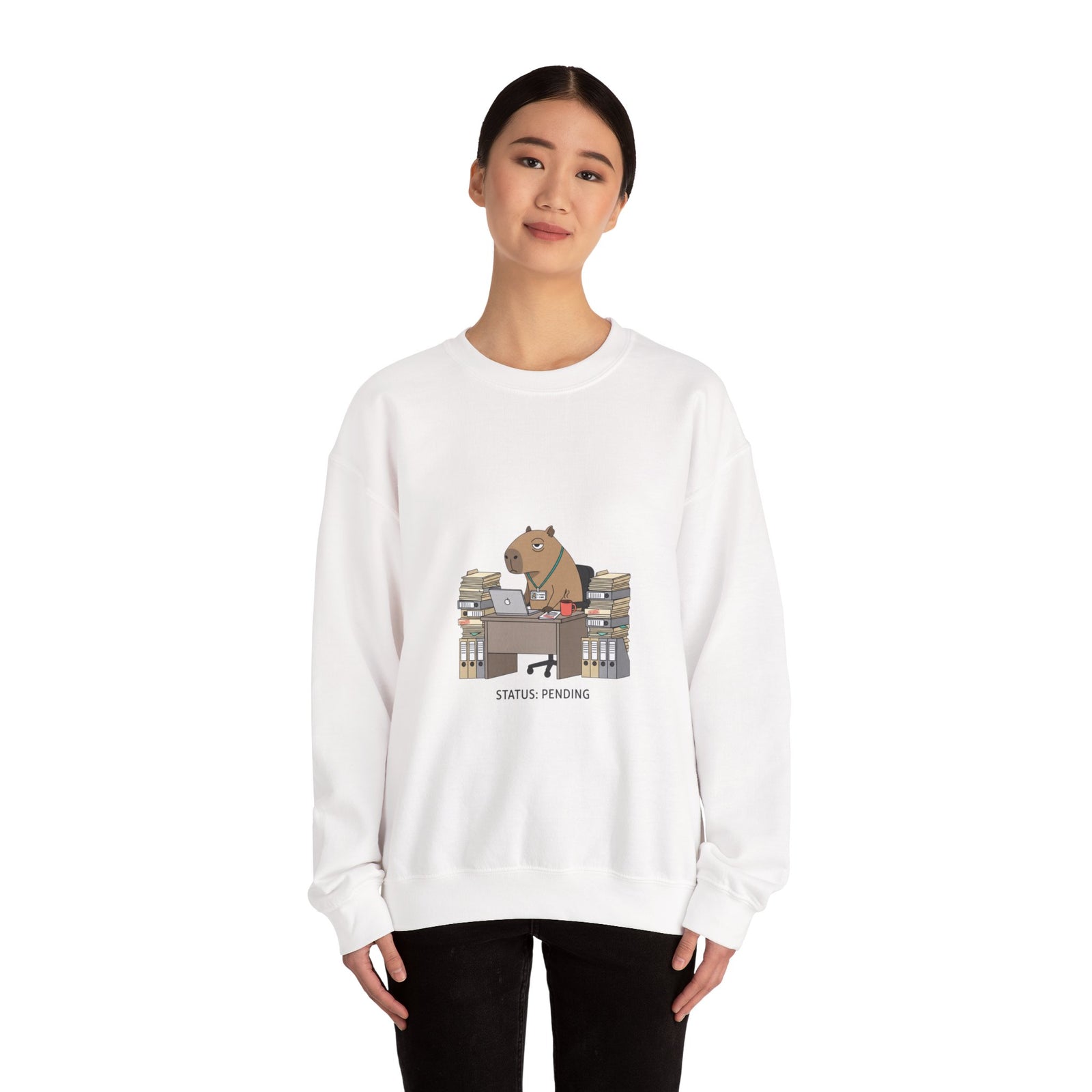 Status Pending Raccoon Desk Illustration Sweatshirt | Unhinged Animal Bureaucracy, office raccoon
