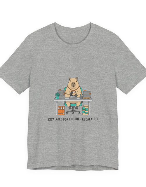 Load image into Gallery viewer, Escalated for Further Escalation Bear Desk Tee | Unhinged Animal Bureaucracy, office bear illustration
