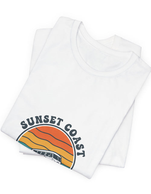 Load image into Gallery viewer, Sunset Coast Retro Surf Graphic Tee | 70s Sunset Shirt, Vintage Palm Postcard
