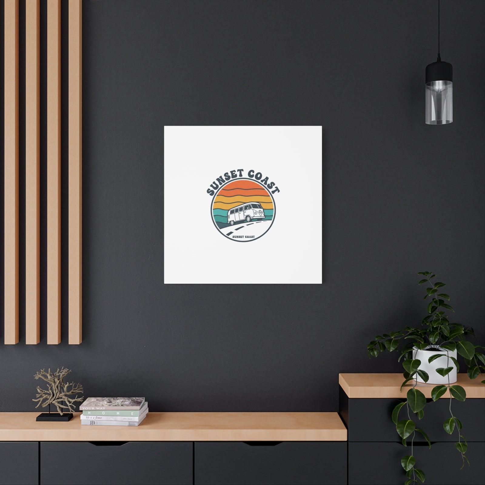 Sunset Coast Retro VW Bus Matte Canvas, 1970s Sunset Palm Poster | Vintage Surf Roadtrip