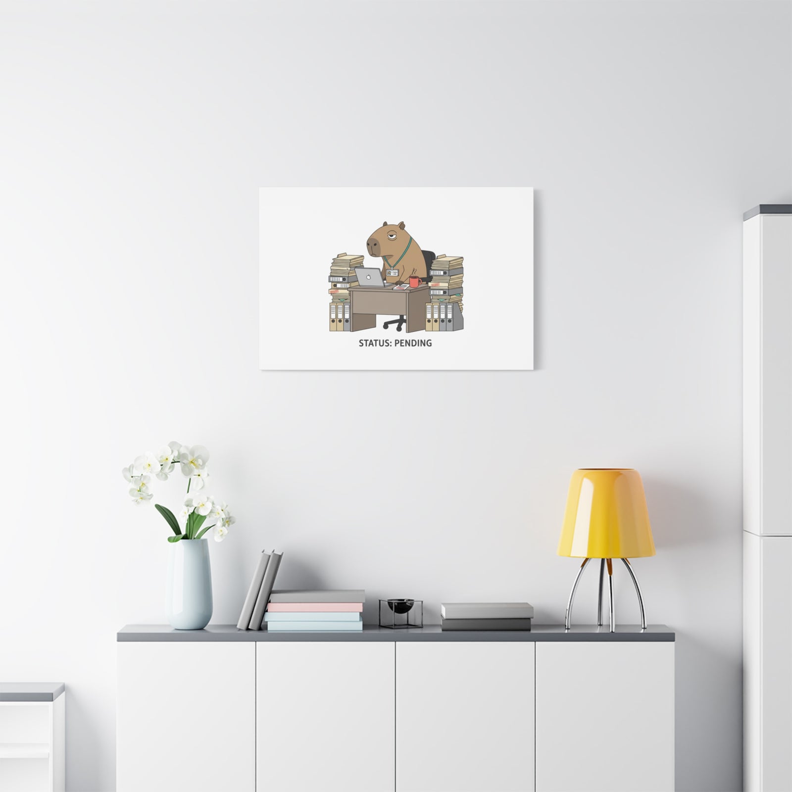 Status: Pending office capybara illustration Canvas | Unhinged Animal Bureaucracy, adulting animal art
