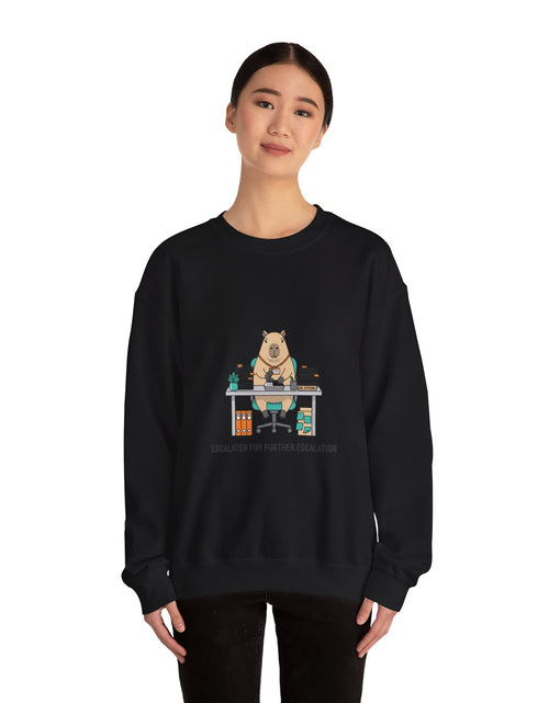 Load image into Gallery viewer, Escalated for Further Escalation Sweatshirt | office raccoon, animal HR meme
