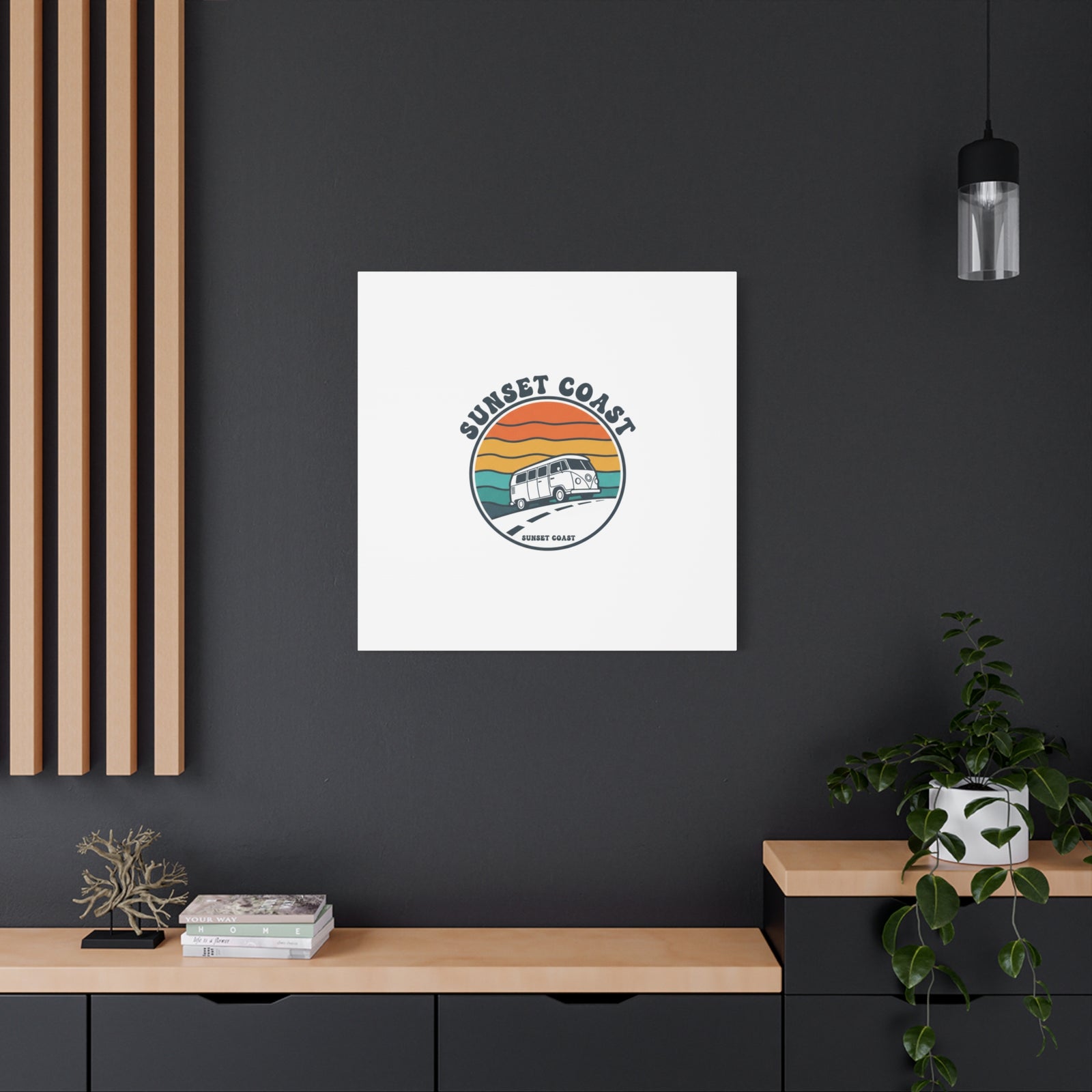 Sunset Coast Retro VW Bus Matte Canvas, 1970s Sunset Palm Poster | Vintage Surf Roadtrip